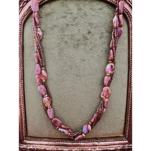 Vintage 30" 14k GE Stone Gold Glass Bead Necklace Statement green mauve Brown - Picture 2 of 14